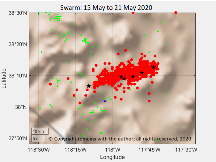 Geoscatter plot of the Tonopah swarm, May 2020
