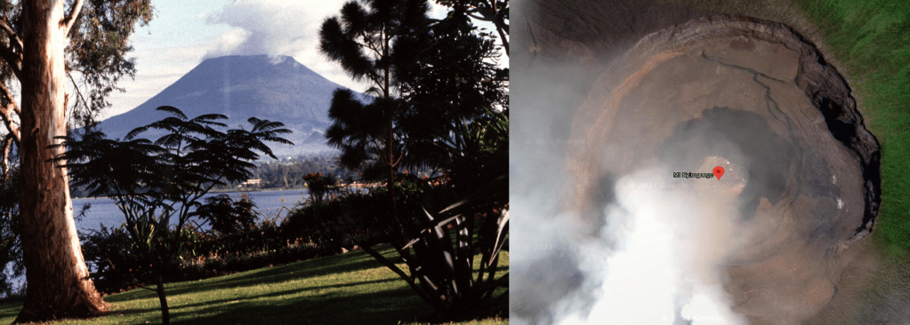 Fig 1: Photo of Mount Nyiragongo by B. Martinelli, 1994 (courtesy of Jack Lockwood, U.S. Geological Survey) (left) and screenshot of the Nyiragongo crater with lava lake pre 2021 eruption from Google Maps (right).
